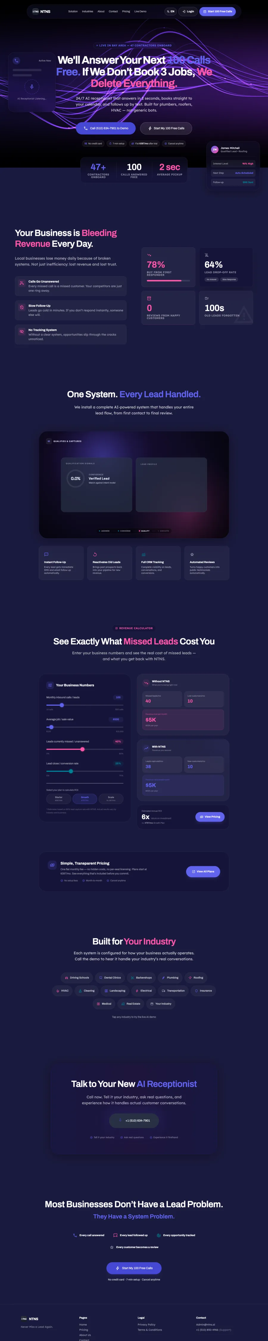 NTNS AI voice receptionist website designed by AI Voice Hub